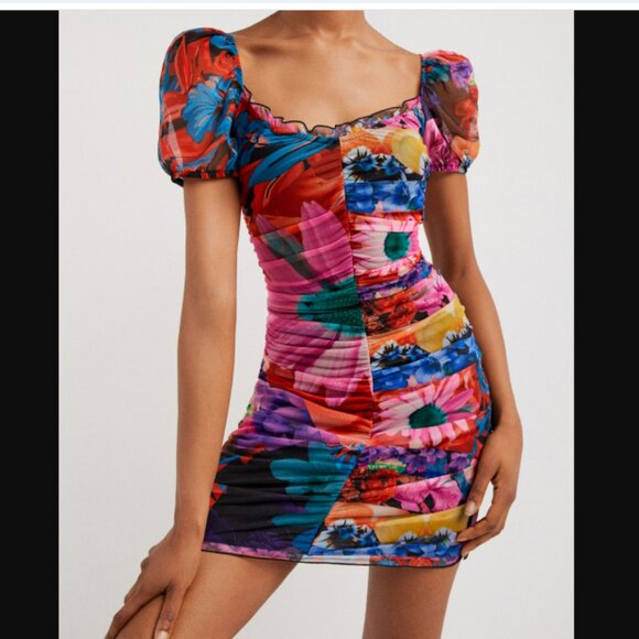 Desigual Floral Ruched Bodycon Mini Dress Puff Sleeves Square Neck M - Picture 1 of 10